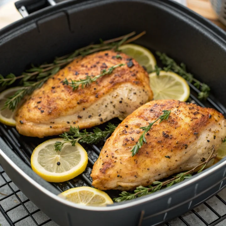 Two golden-brown, skin-on split chicken breasts resting skin-side up in an open air-fryer basket.