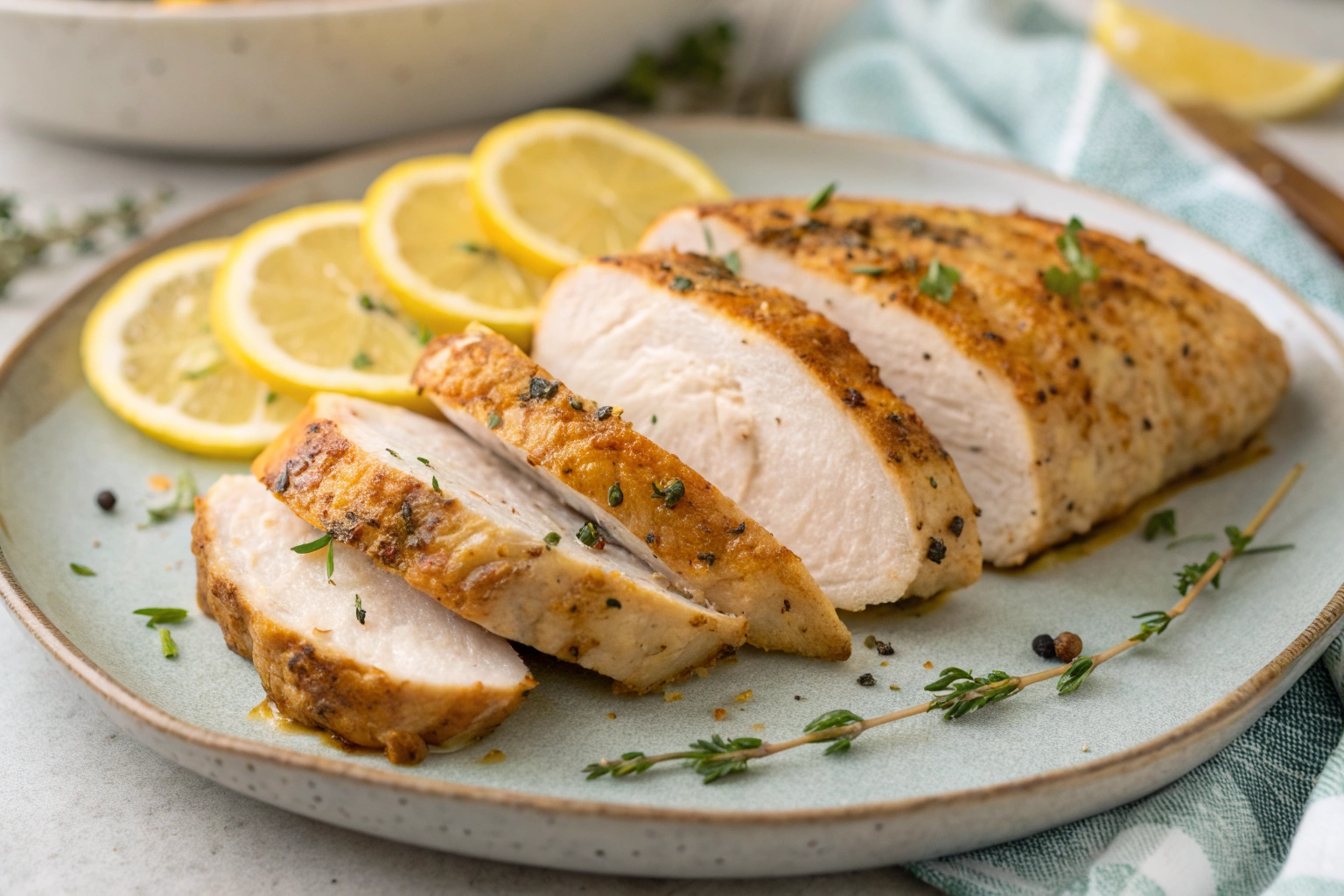 Thick slices of chicken breast with golden skin and moist white interiors on a plate beside a lemon wedge.