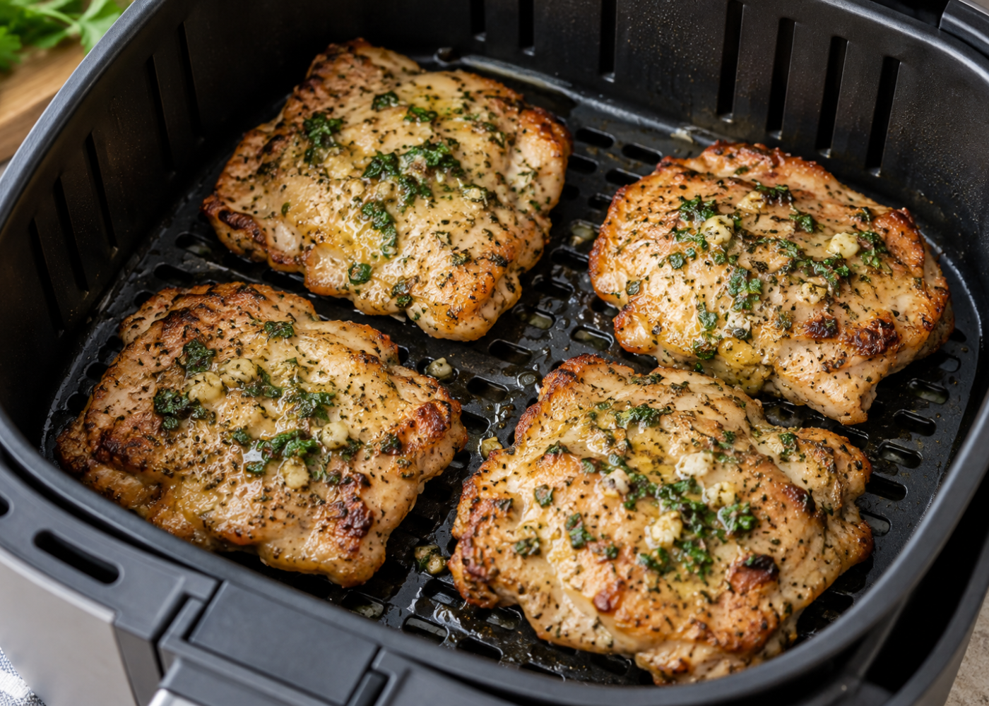 Four browned boneless, skinless chicken thighs topped with garlic-parsley butter in an open air-fryer basket.