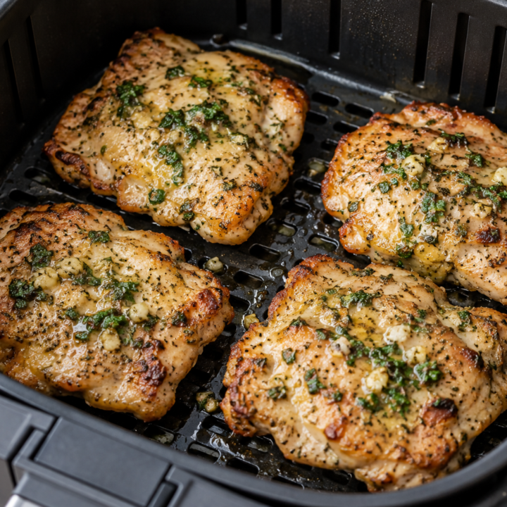 Four browned boneless, skinless chicken thighs topped with garlic-parsley butter in an open air-fryer basket.
