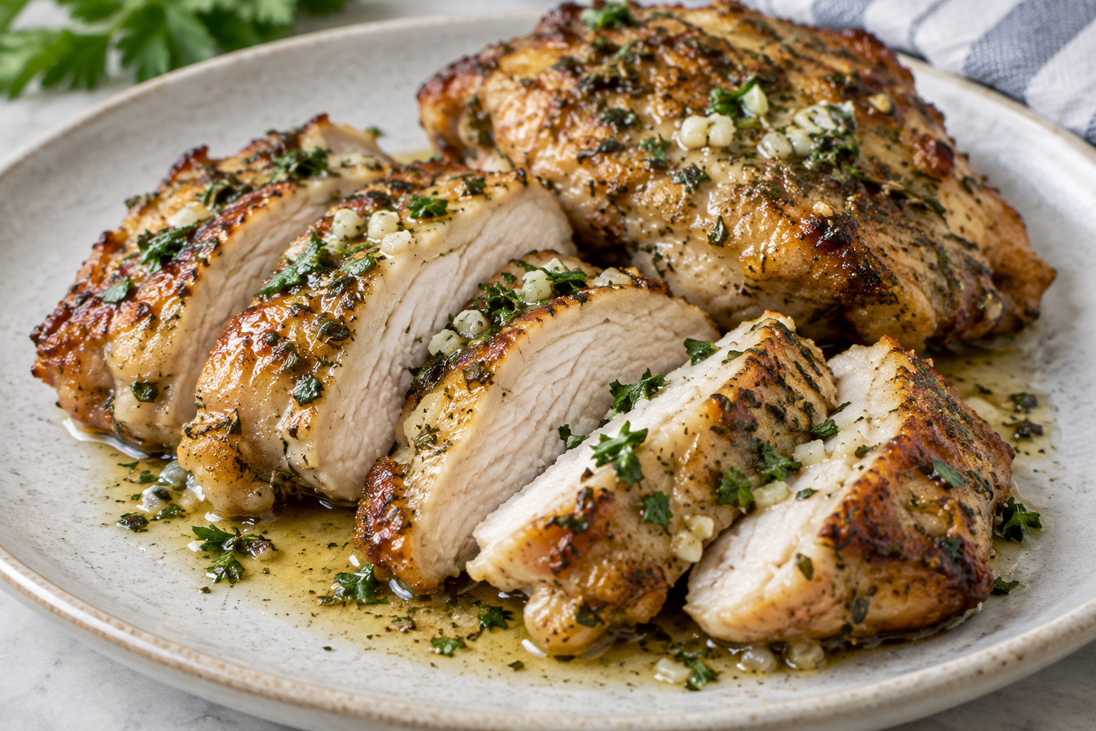 Sliced boneless chicken thigh showing a juicy cooked interior, browned edges, and garlic-parsley butter on a plate.