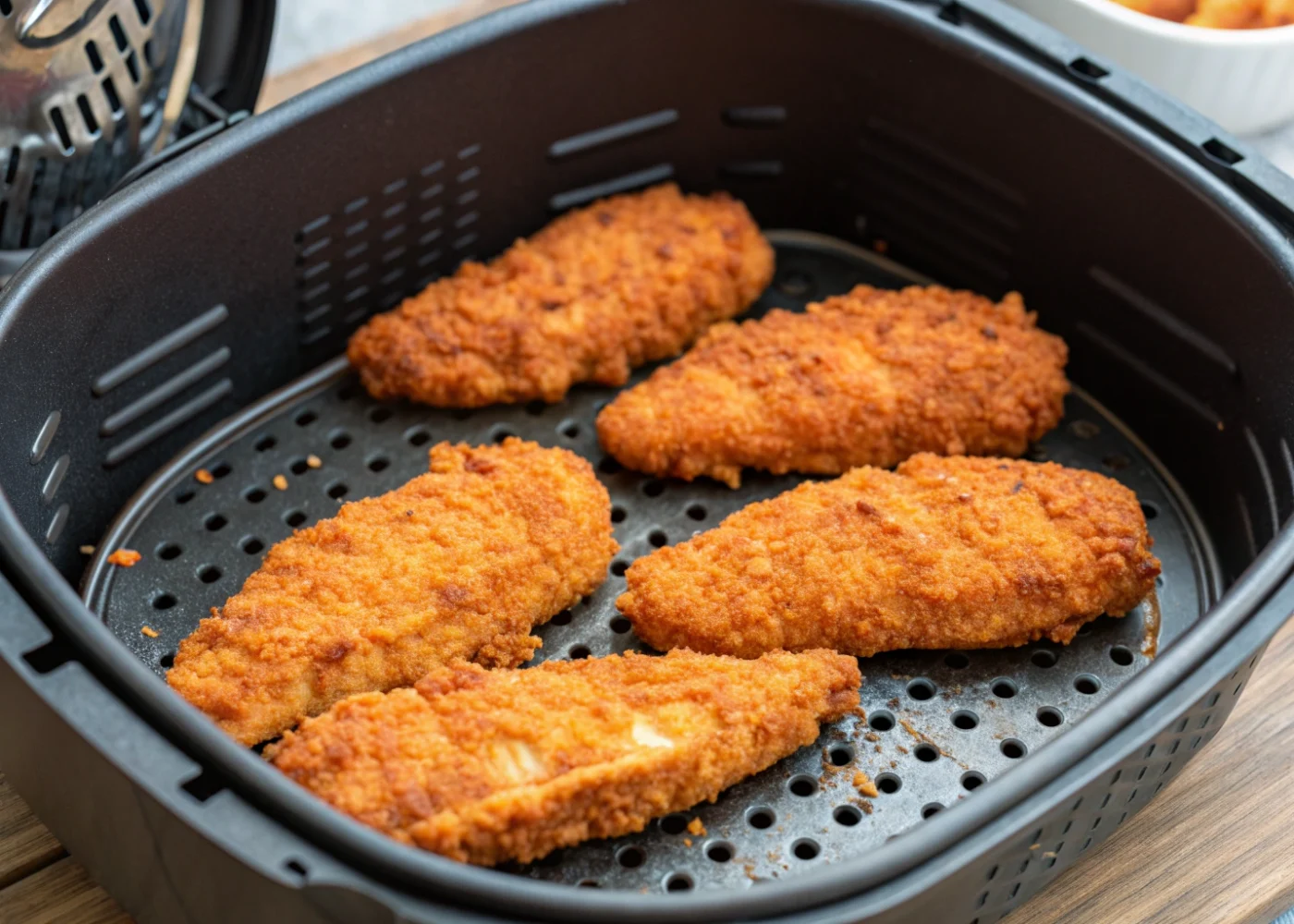 Buffalo chicken tenders with golden panko crusts in an open air-fryer basket, with blue cheese dip, celery, and carrot sticks alongside.