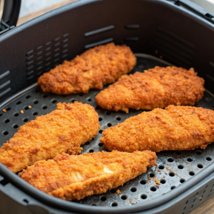 Buffalo chicken tenders with golden panko crusts in an open air-fryer basket, with blue cheese dip, celery, and carrot sticks alongside.