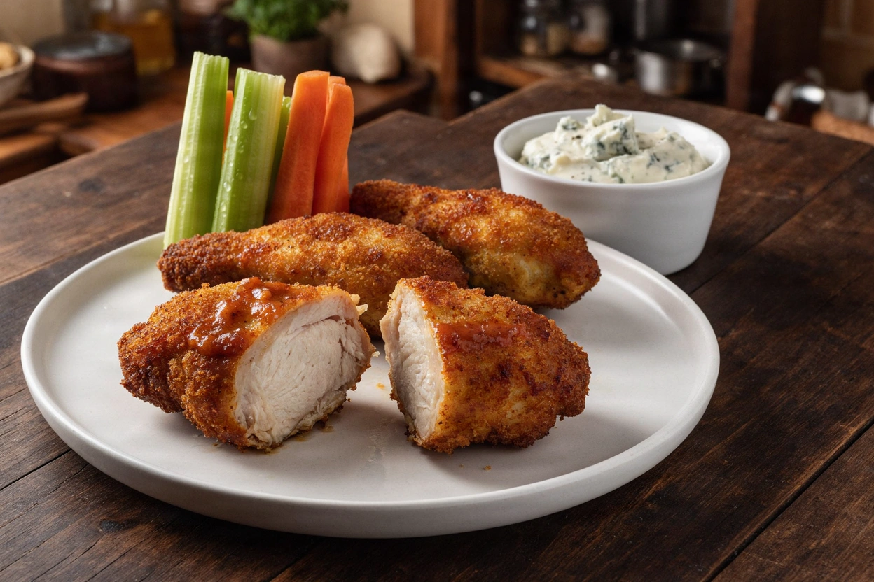A Buffalo chicken tender cut open to show its white interior and thin panko crust, plated with whole tenders, chunky blue cheese dip, celery, and carrots.