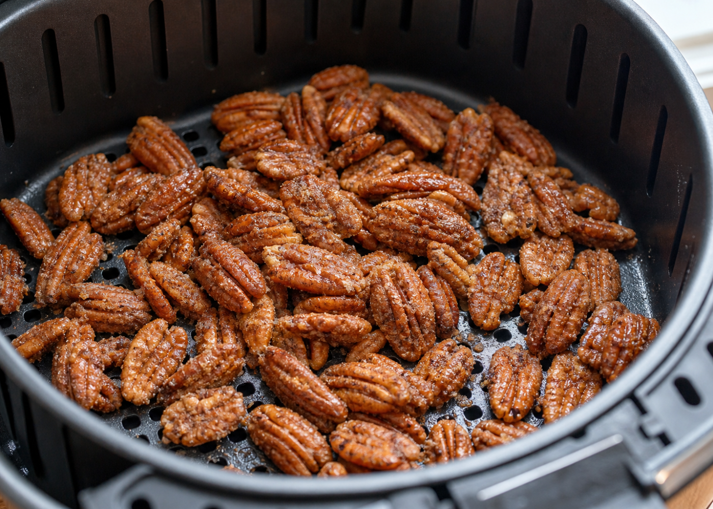 Crisp cinnamon-sugar candied pecans in an open air-fryer basket with the perforated grid visible.