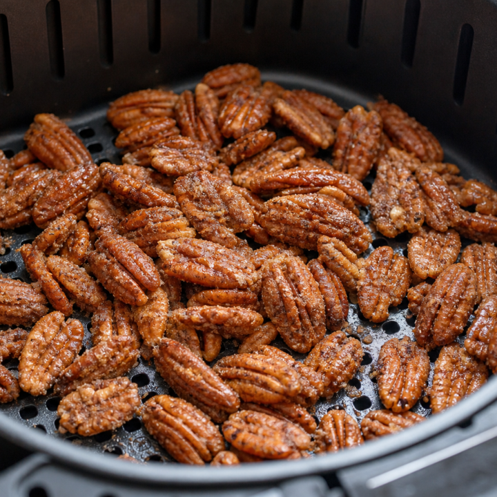 Crisp cinnamon-sugar candied pecans in an open air-fryer basket with the perforated grid visible.