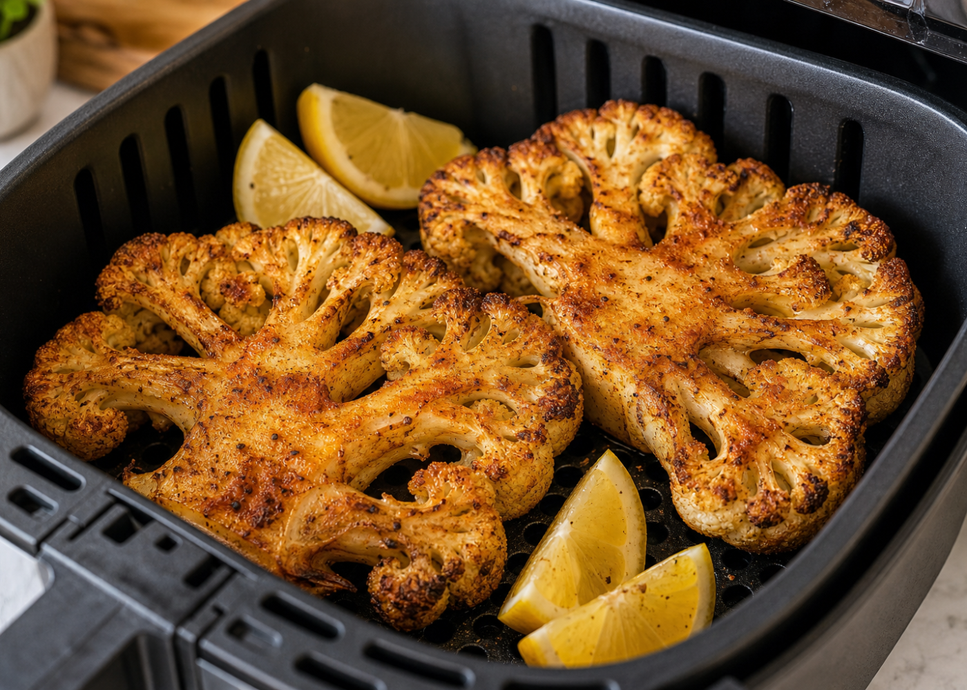 Paprika-seasoned cauliflower steaks with browned edges and lemon wedges inside an open air fryer basket.