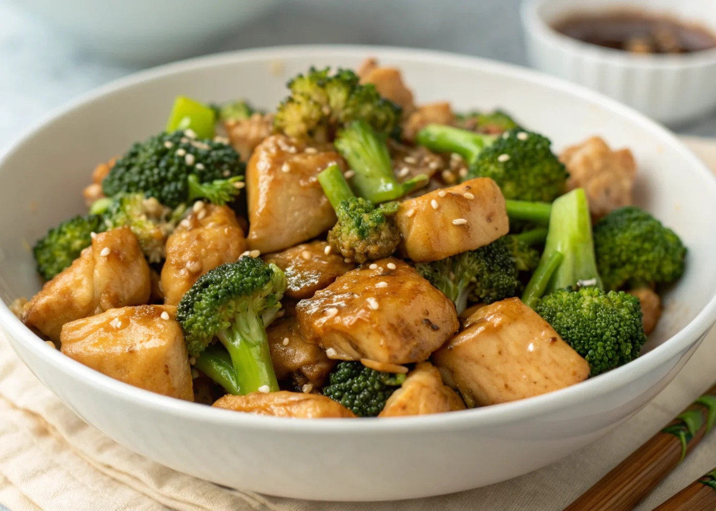 Glazed air fryer chicken pieces and broccoli with browned tips in a shallow serving bowl, topped with scallions and sesame seeds.