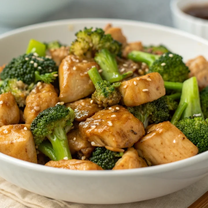 Glazed air fryer chicken pieces and broccoli with browned tips in a shallow serving bowl, topped with scallions and sesame seeds.
