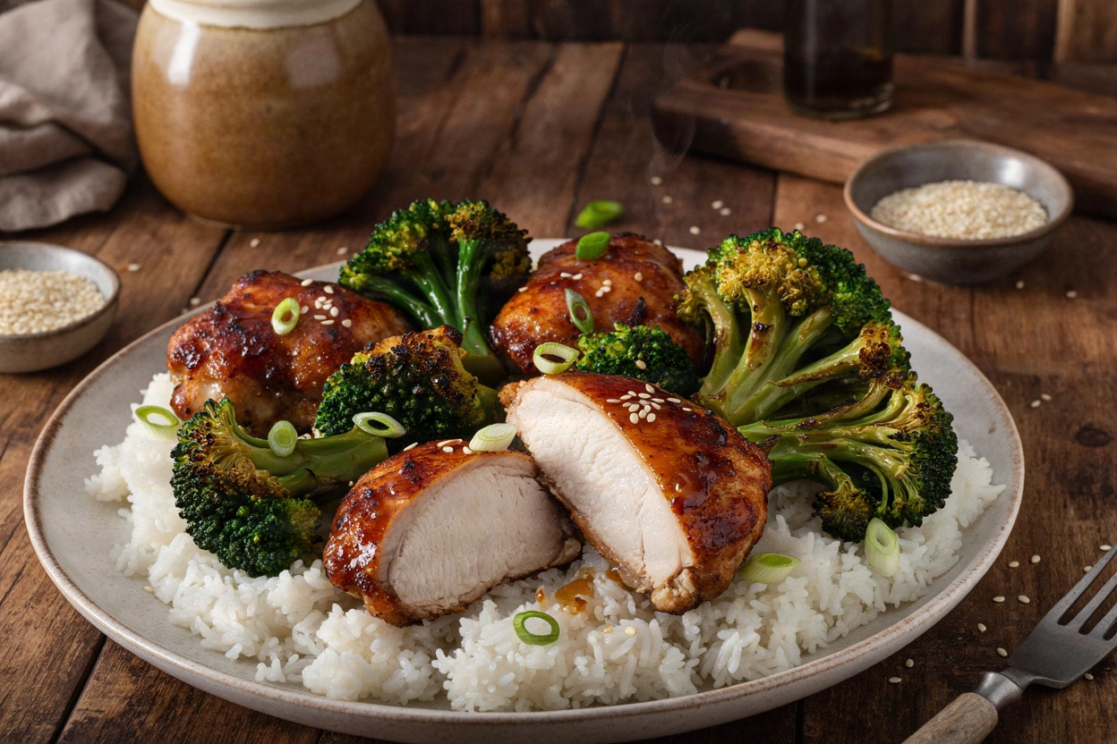 Ginger-soy chicken and broccoli over rice, with one chicken piece cut open to show its cooked white interior.