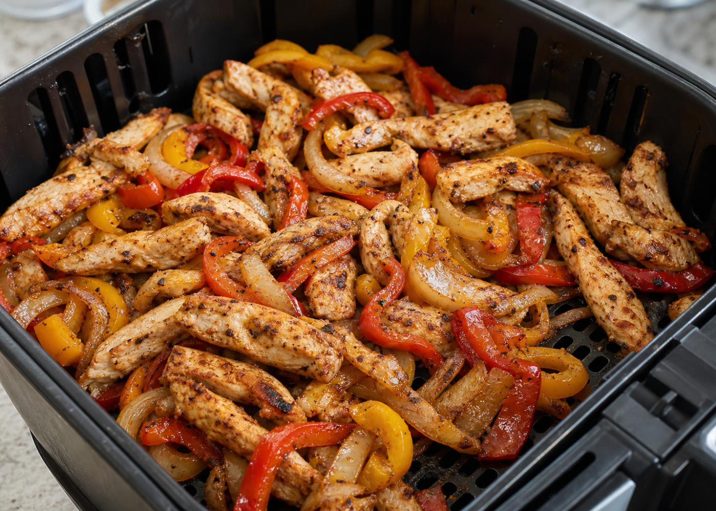 Cooked chicken fajita strips with peppers and onions in an open air-fryer basket