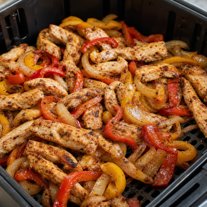 Cooked chicken fajita strips with peppers and onions in an open air-fryer basket