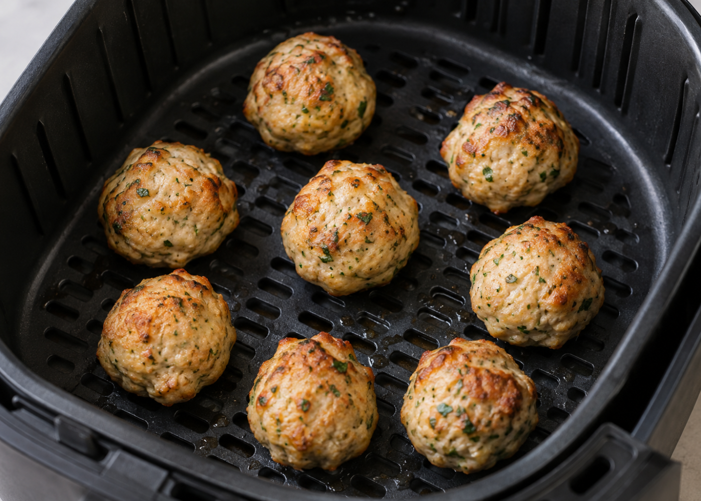Chicken meatballs with light golden-brown patches and parsley flecks arranged in a spaced single layer in an open air-fryer basket.