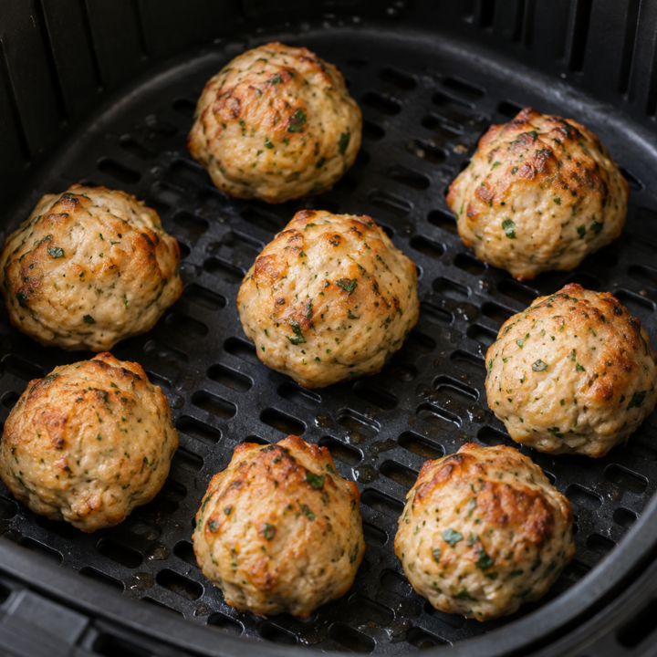 Chicken meatballs with light golden-brown patches and parsley flecks arranged in a spaced single layer in an open air-fryer basket.