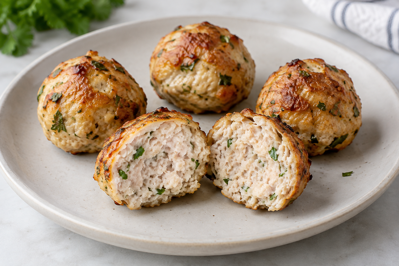 A halved chicken meatball showing its moist, parsley-flecked interior, with three lightly browned whole meatballs on a plate.