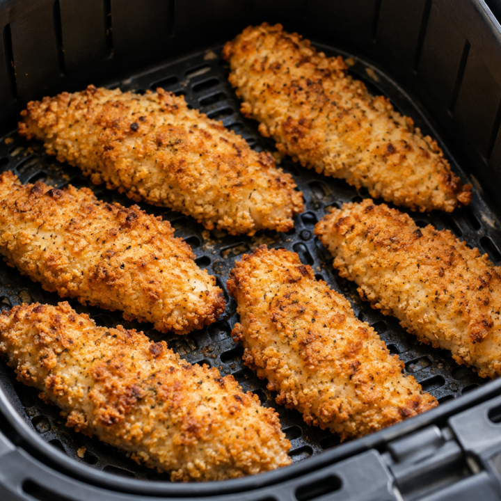 Golden panko-coated chicken tenders arranged in a spaced single layer in an open air-fryer basket.