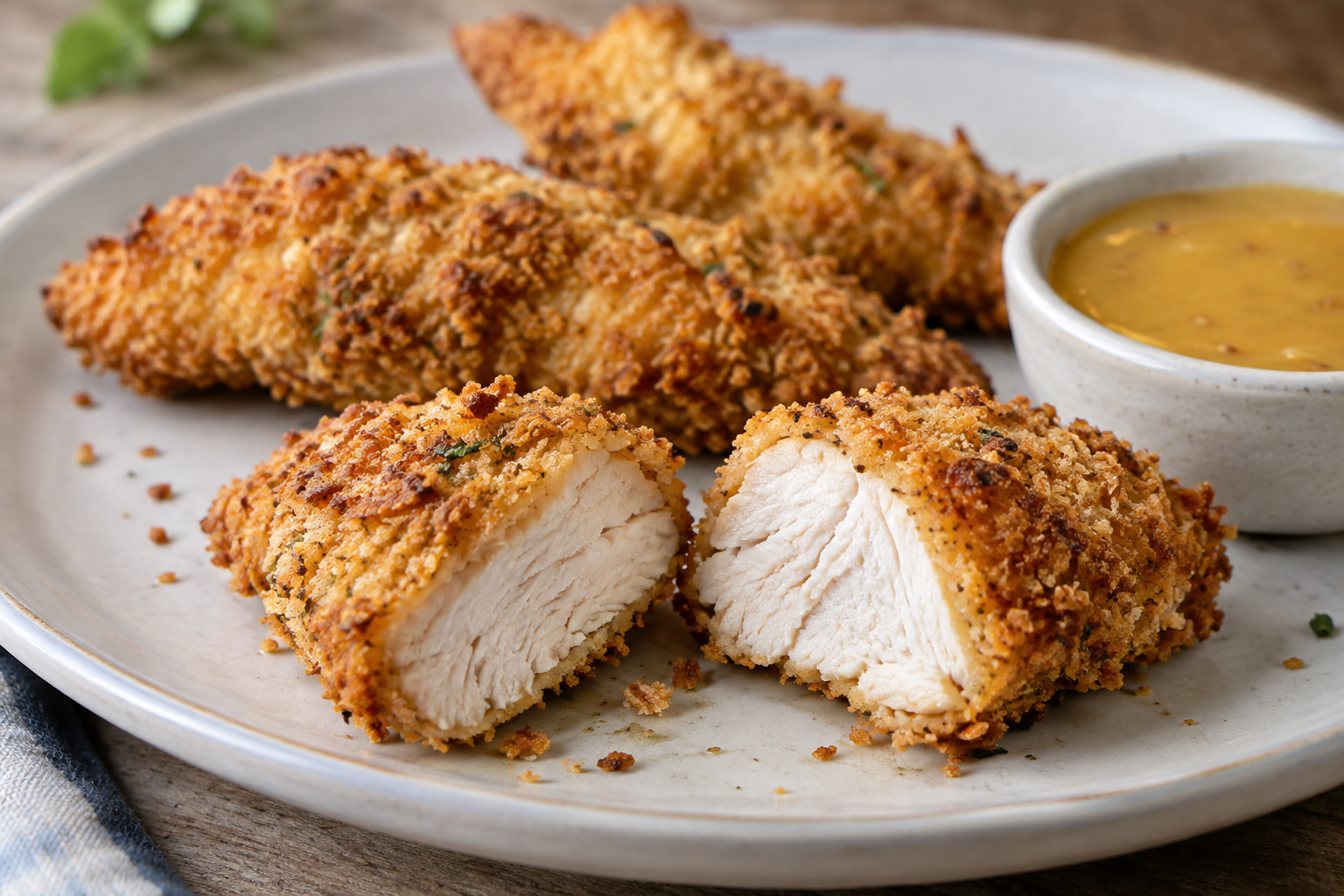 A cut-open panko chicken tender showing its moist white interior, with whole tenders and honey-mustard dip on a plate.