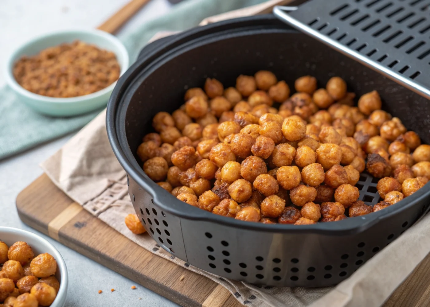 Golden air-fried chickpeas with a thin cinnamon-maple glaze arranged in a single layer in an open air-fryer basket.