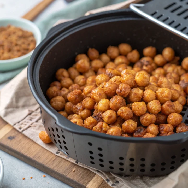 Golden air-fried chickpeas with a thin cinnamon-maple glaze arranged in a single layer in an open air-fryer basket.