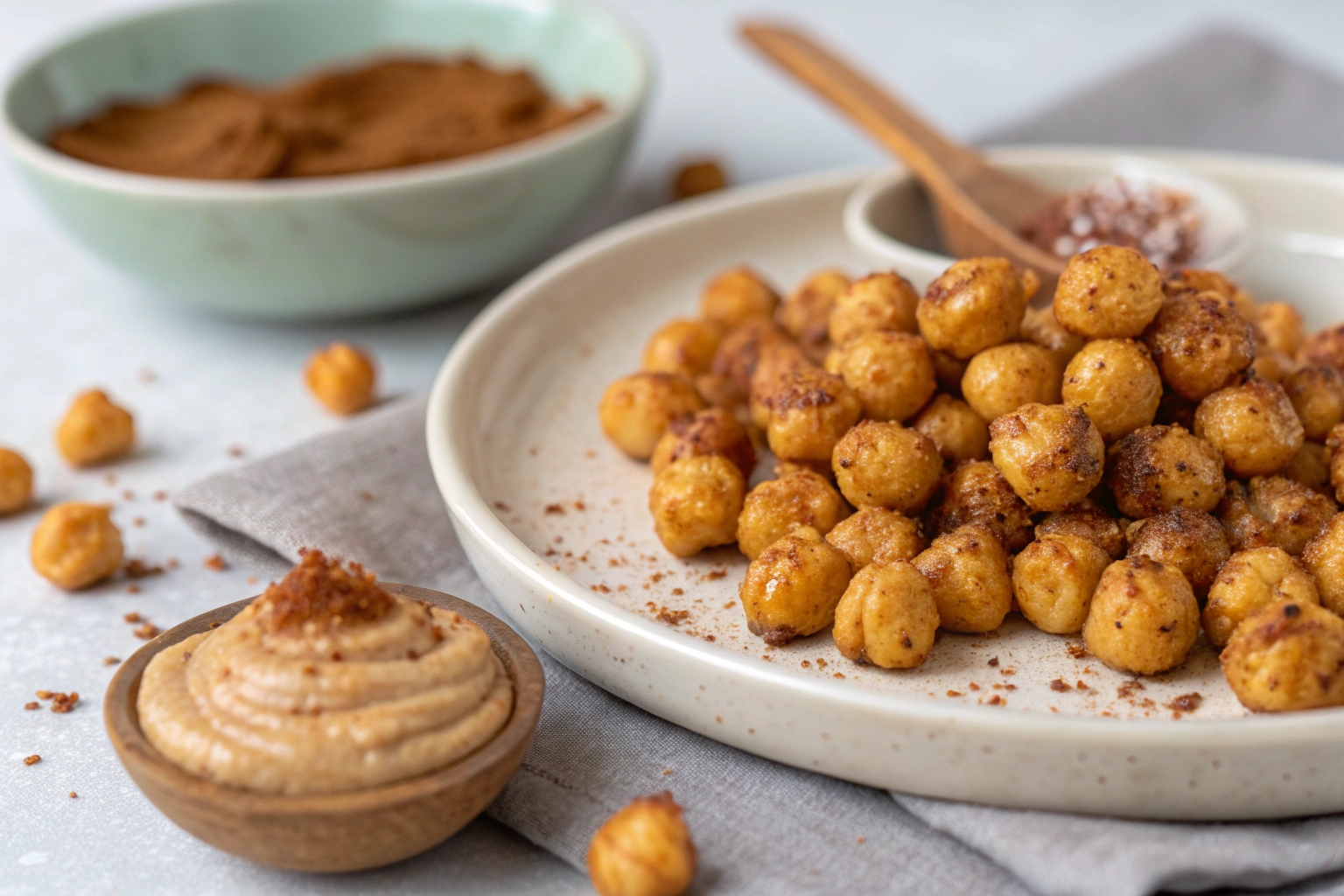 Cinnamon-maple air fryer chickpeas on a pale plate, with a split chickpea revealing its dry, crumbly interior.