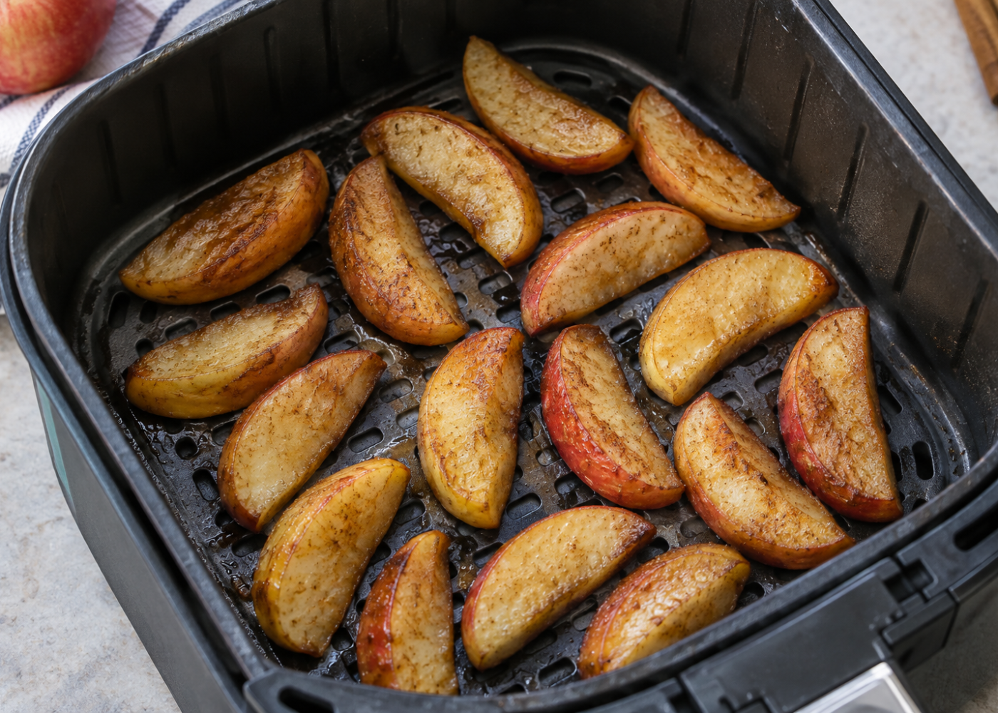 Skin-on cinnamon apple wedges with lightly browned edges arranged in a spaced single layer in an open air-fryer basket.