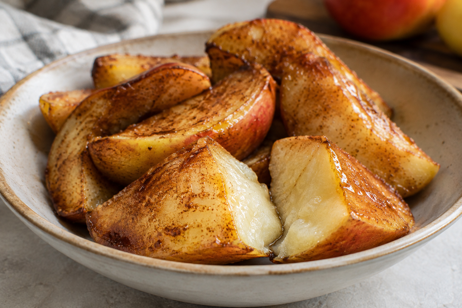 Warm cinnamon apple wedges in a shallow bowl, with one cut wedge showing its tender, moist center.