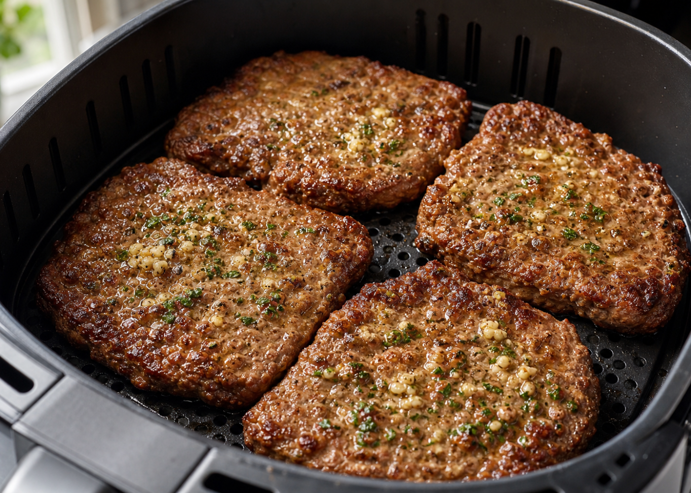 Garlic-butter cube steaks in an open air fryer basket with the perforated grid visible.