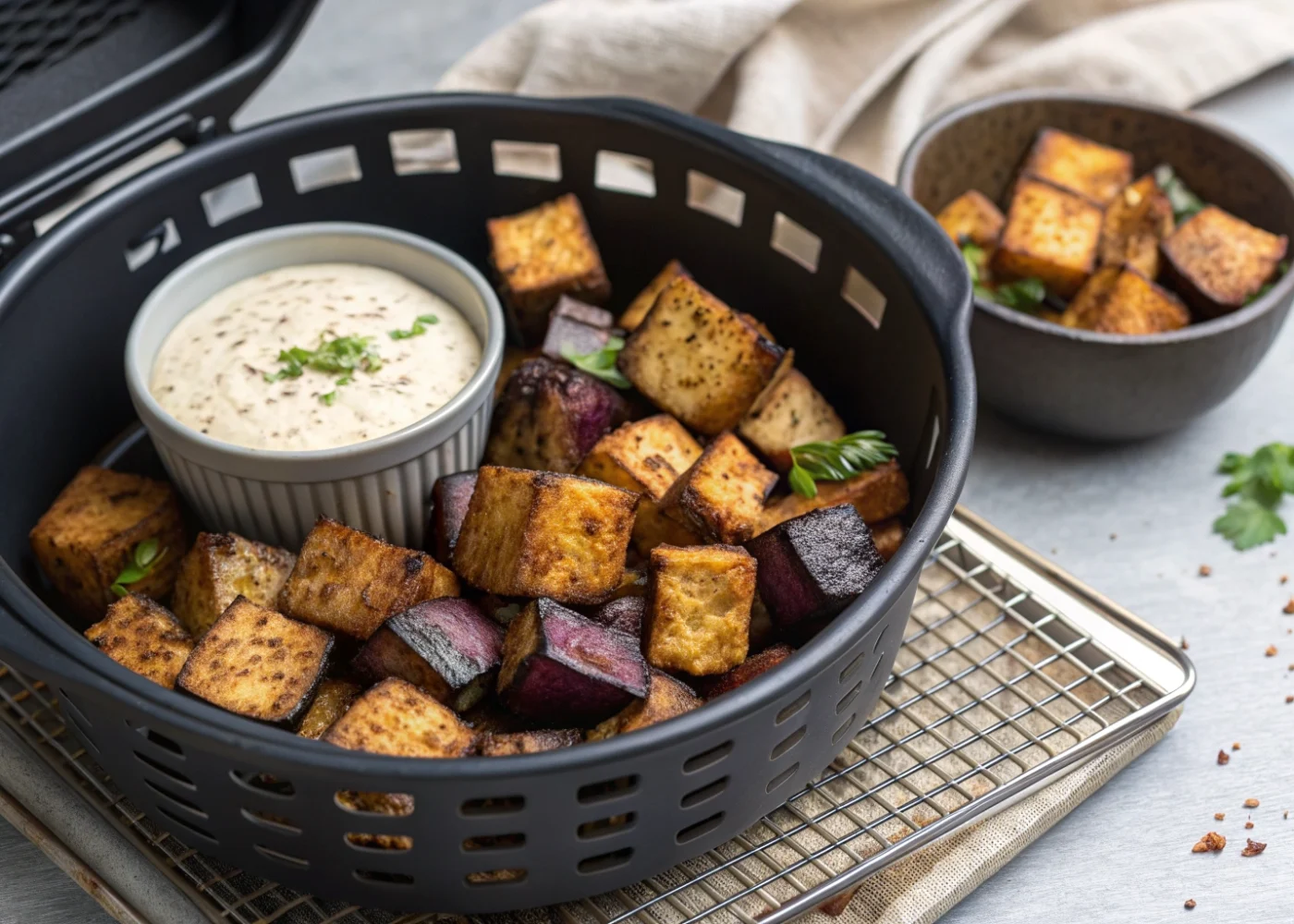Golden-brown eggplant cubes in an open air-fryer basket with a bowl of tahini yogurt sauce alongside.