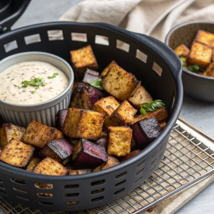 Golden-brown eggplant cubes in an open air-fryer basket with a bowl of tahini yogurt sauce alongside.