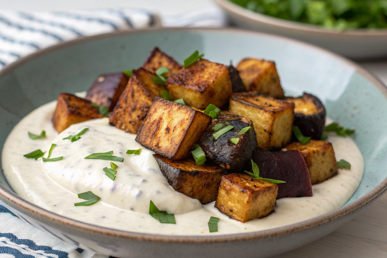 Air-fried eggplant cubes on tahini yogurt sauce with chopped parsley and one split cube showing its soft center.