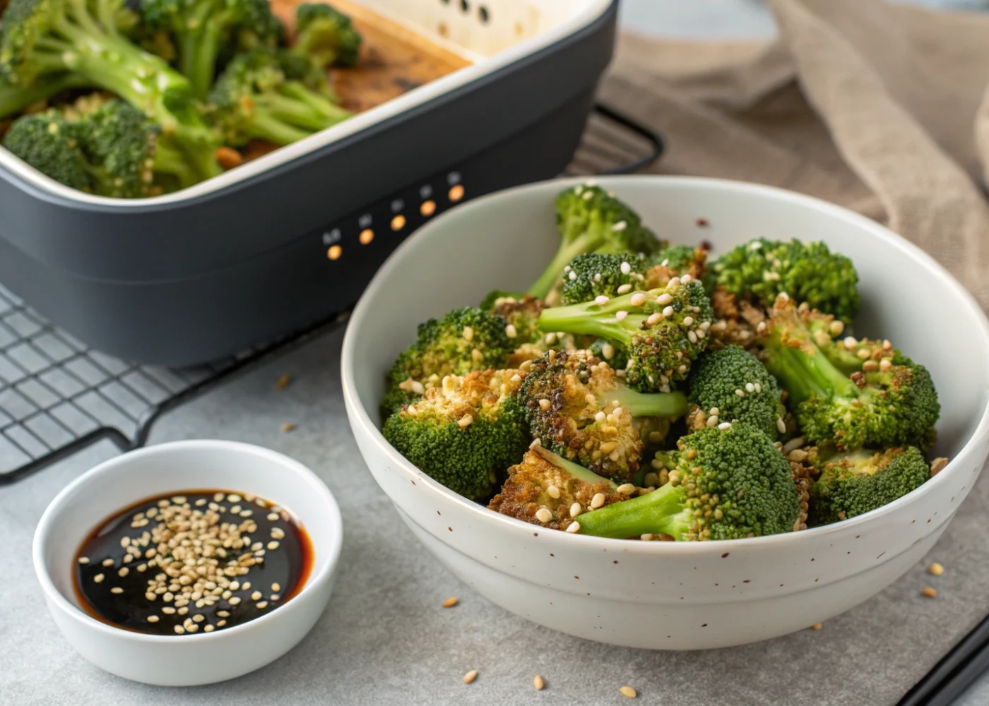 Air-fried broccoli with browned edges, a light sesame dressing, and toasted sesame seeds in a serving bowl beside an open air-fryer basket.