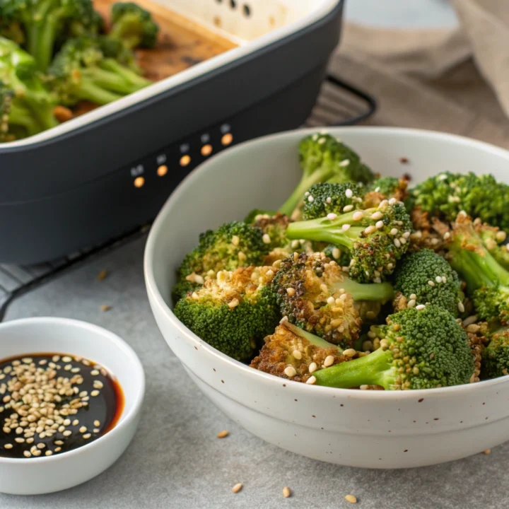Air-fried broccoli with browned edges, a light sesame dressing, and toasted sesame seeds in a serving bowl beside an open air-fryer basket.