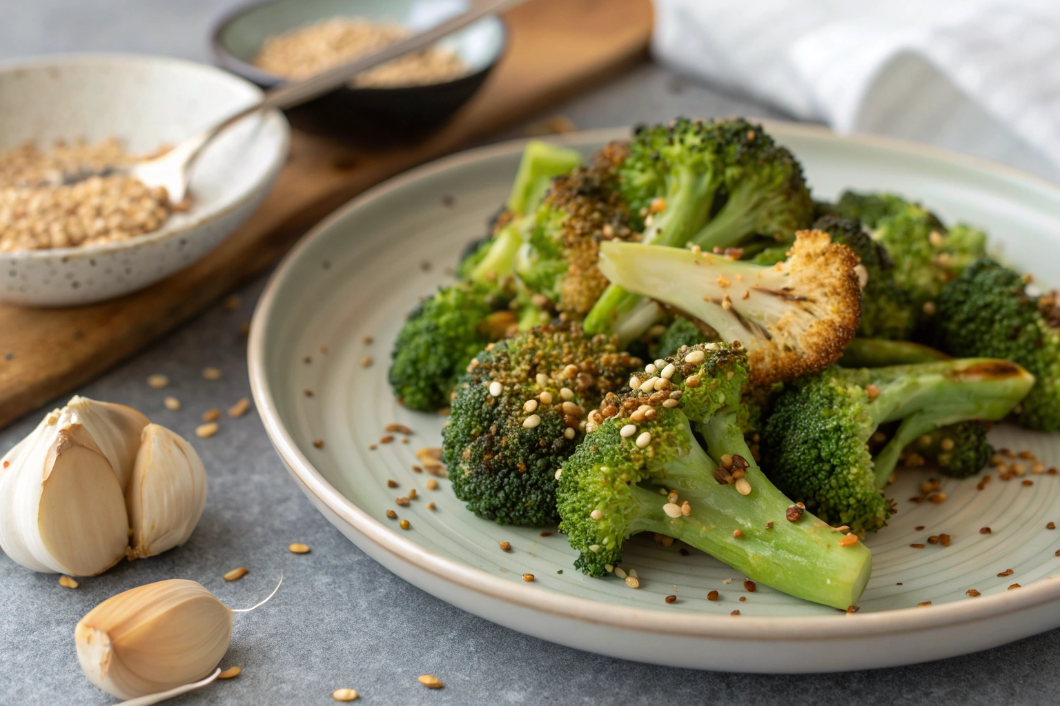 Garlic-sesame air-fried broccoli on a plate, with a halved floret showing its cooked stem and center.