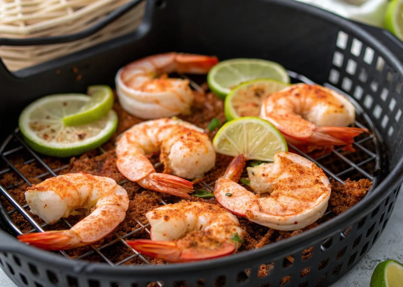 Chili-seasoned air fryer shrimp arranged in a spaced single layer in an open basket.