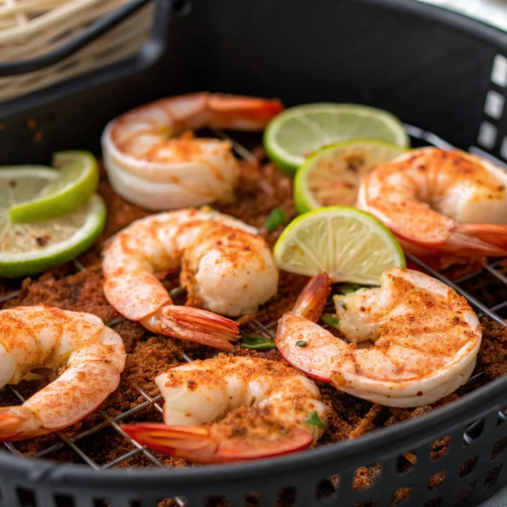 Chili-seasoned air fryer shrimp arranged in a spaced single layer in an open basket.