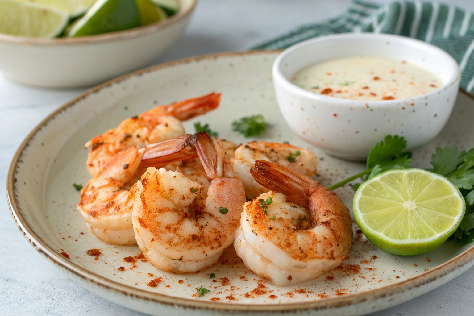 Plated chili-lime shrimp with one cut open to show its moist, opaque center, alongside a lime wedge.
