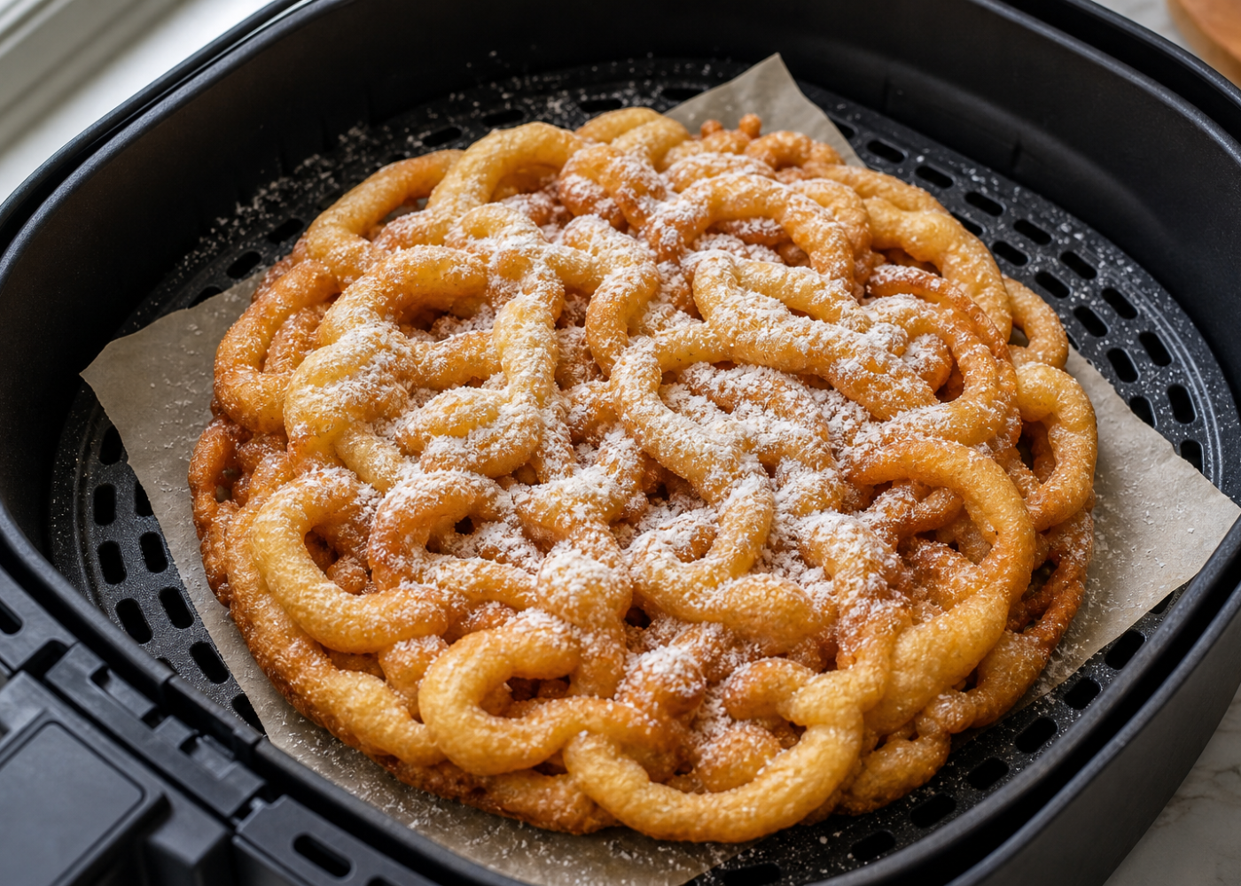 Powdered-sugar funnel cake on a small parchment sheet inside an open air fryer basket, with the perforated grid visible.
