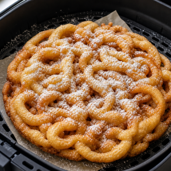Powdered-sugar funnel cake on a small parchment sheet inside an open air fryer basket, with the perforated grid visible.