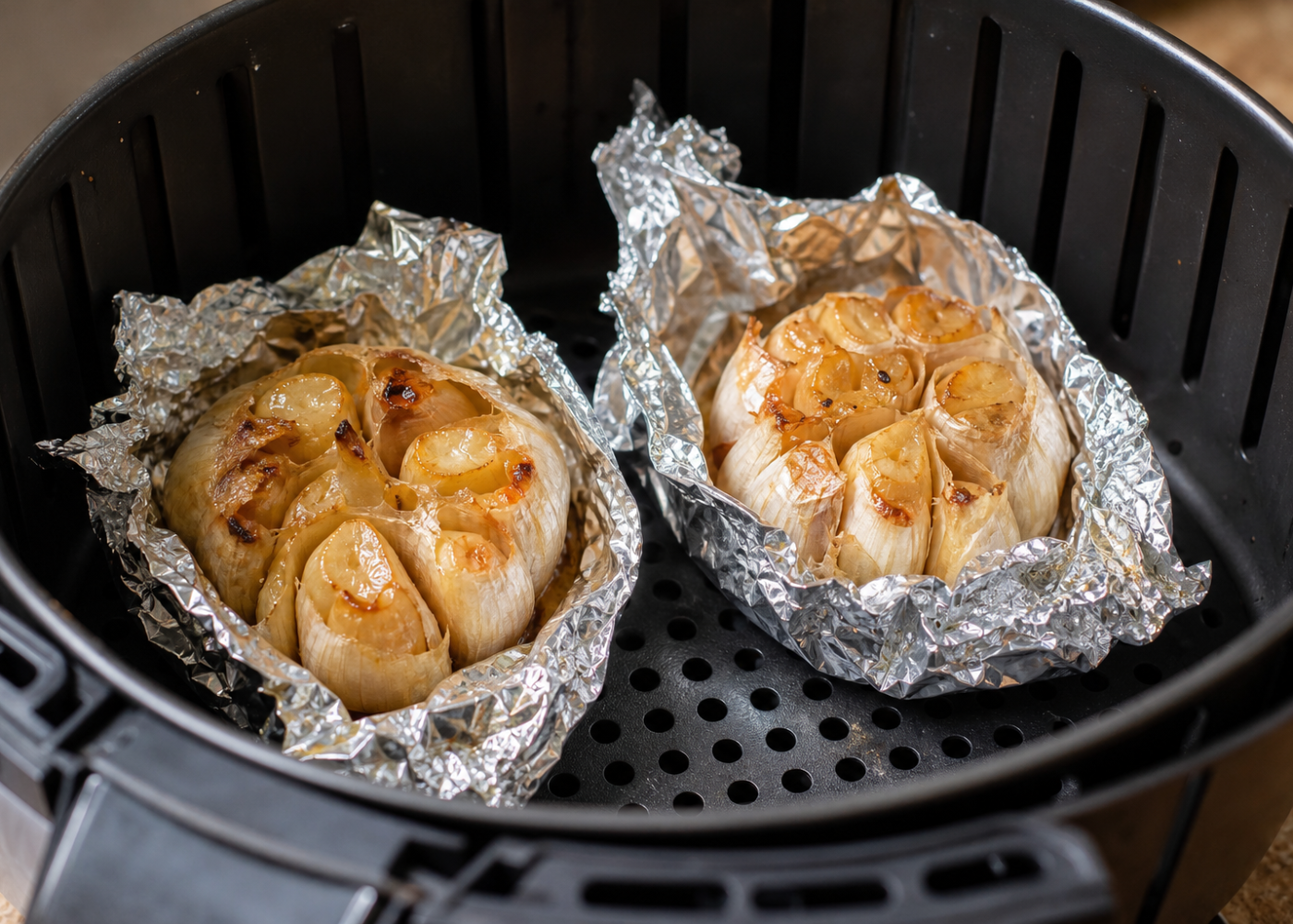 Two roasted garlic heads with golden, soft cloves in opened foil packets inside an air-fryer basket.