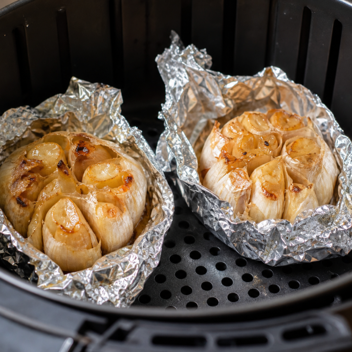 Two roasted garlic heads with golden, soft cloves in opened foil packets inside an air-fryer basket.