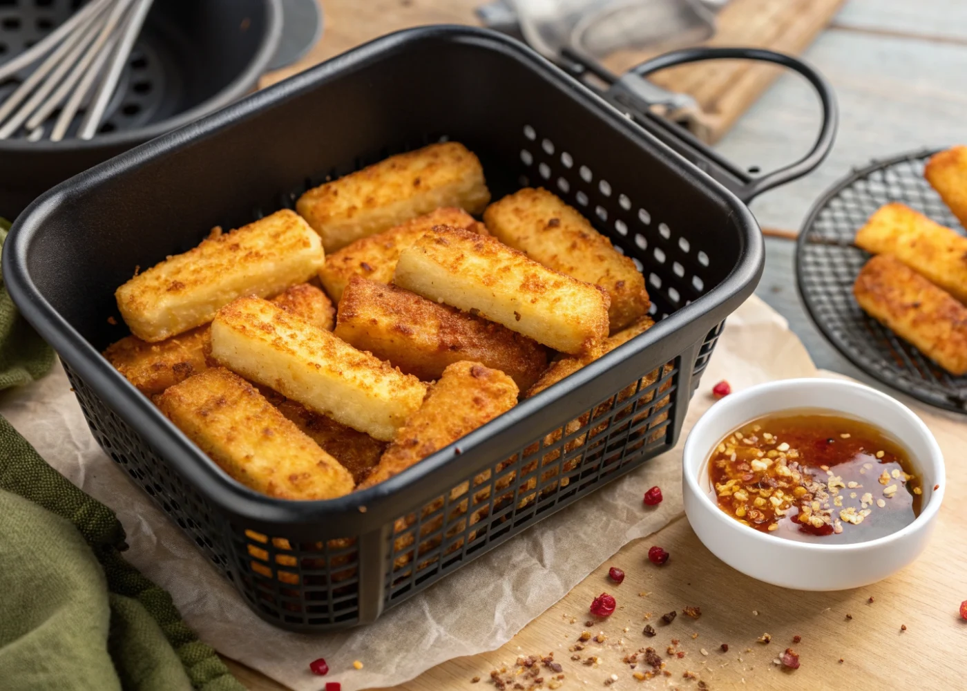 Golden panko-coated halloumi fries in an open air-fryer basket with red pepper hot honey alongside.