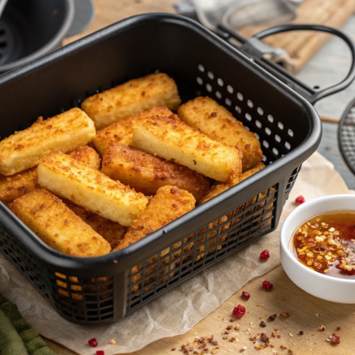 Golden panko-coated halloumi fries in an open air-fryer basket with red pepper hot honey alongside.