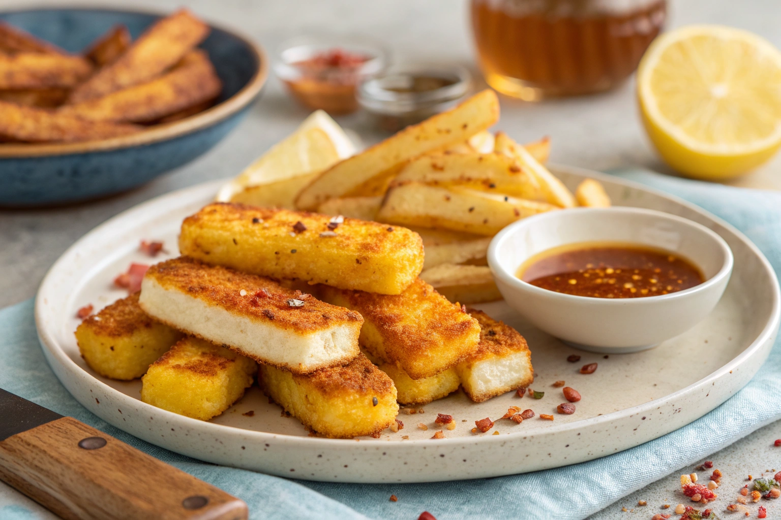 Cut-open halloumi fry showing ivory cheese inside a golden panko crust, with whole fries, hot honey, and a lemon wedge.