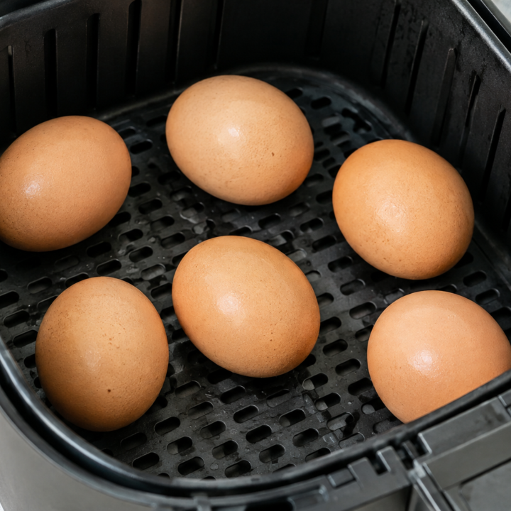 Six shell-on hard-boiled eggs arranged in a single spaced layer in an open air-fryer basket.