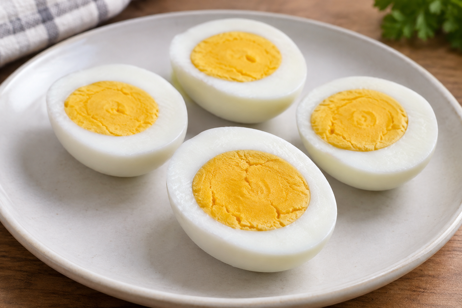 Four peeled hard-boiled egg halves on a plate, showing opaque whites and fully firm golden yolks.