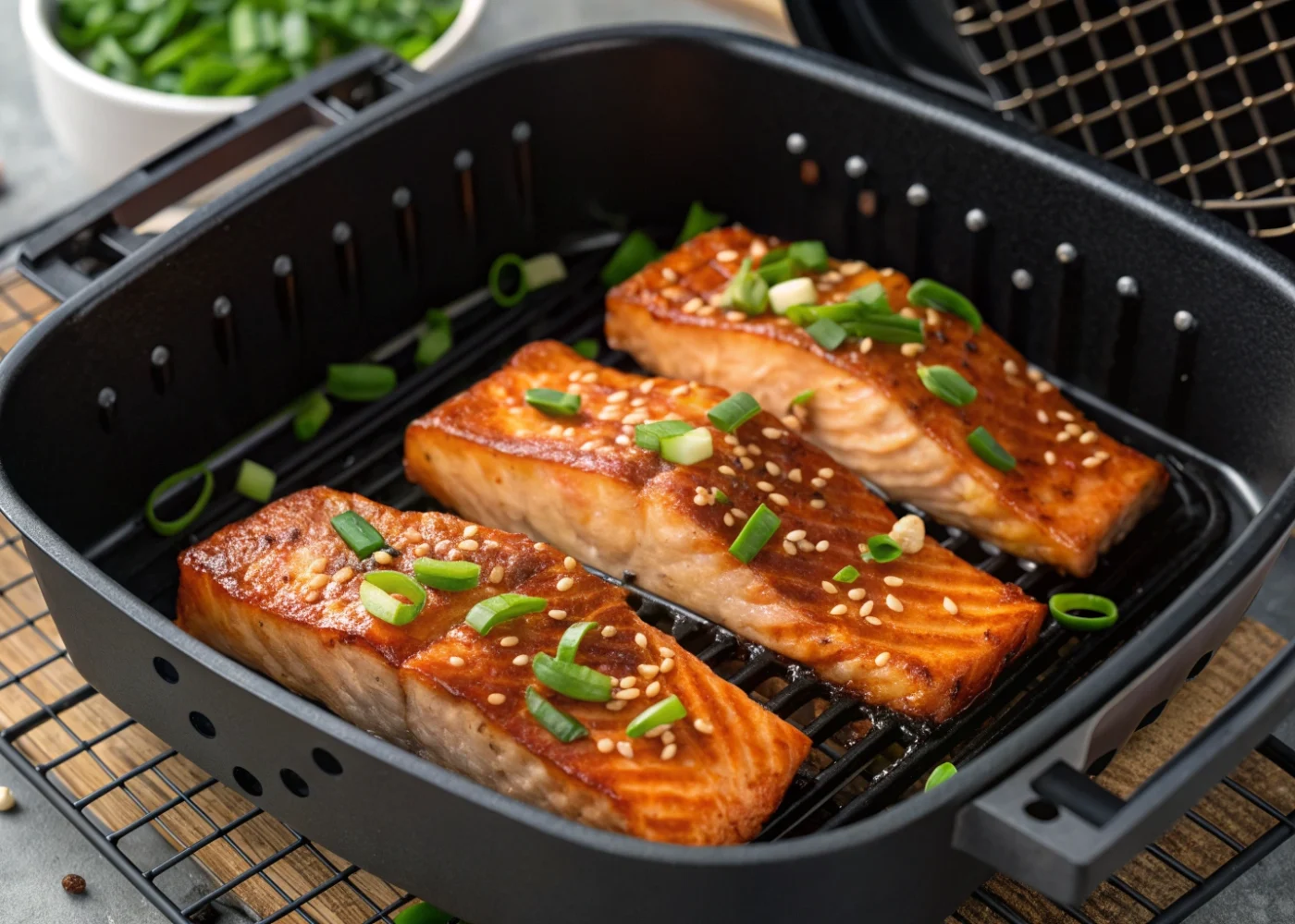 Four honey garlic salmon fillets topped with sliced scallion greens in an open air-fryer basket.