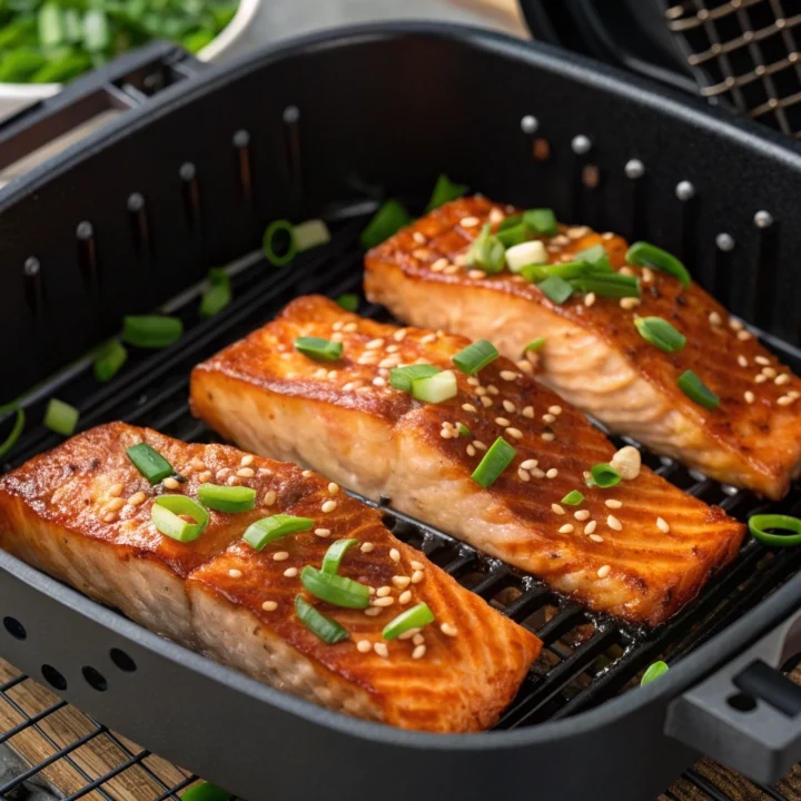 Four honey garlic salmon fillets topped with sliced scallion greens in an open air-fryer basket.