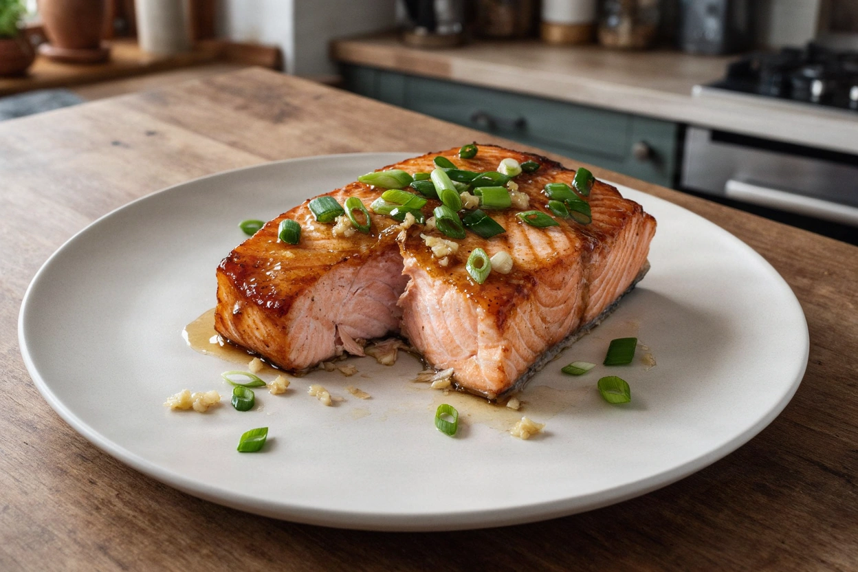 Plated honey garlic salmon with a section separated to reveal moist pink flakes beneath the glaze and scallion greens.
