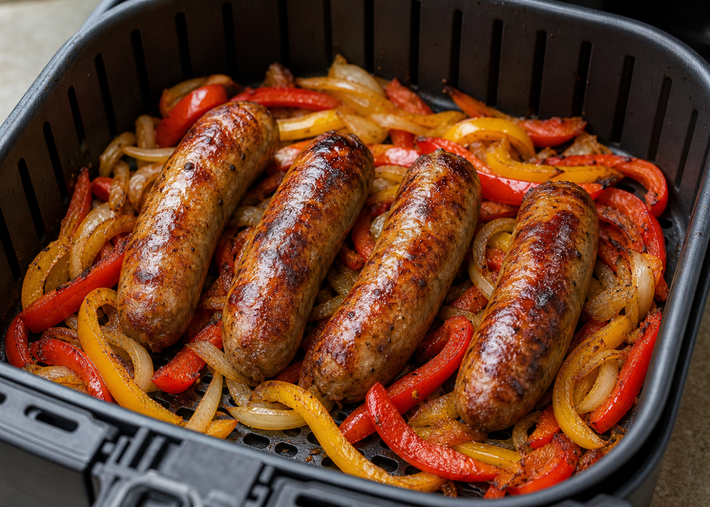 Browned Italian sausage links with peppers and onion in an open air-fryer basket.
