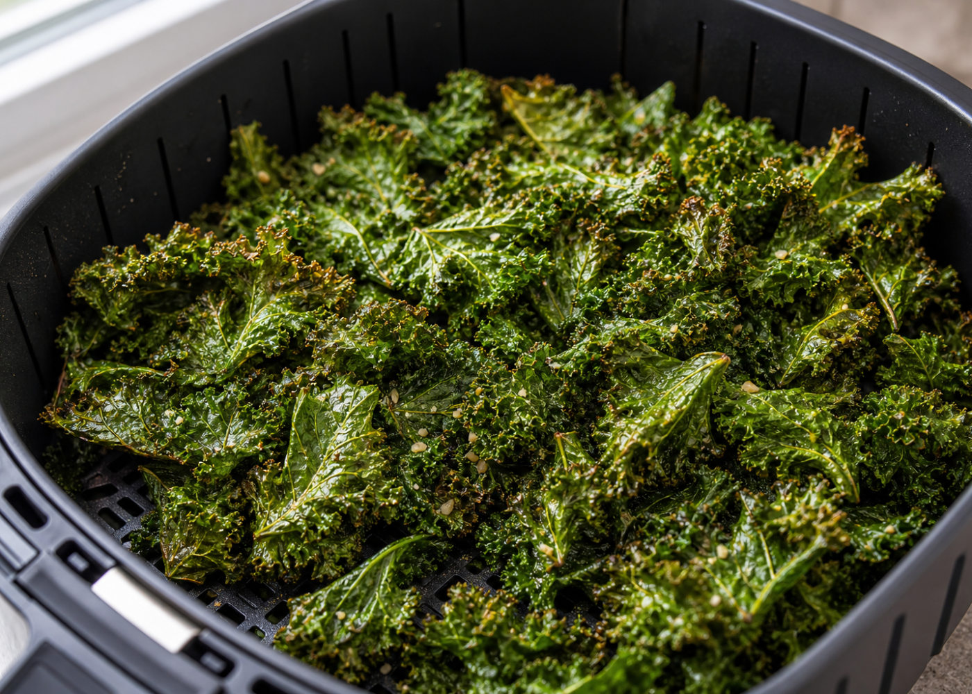 Crisp garlic and sea salt kale chips in an open air-fryer basket with the perforated grid visible.